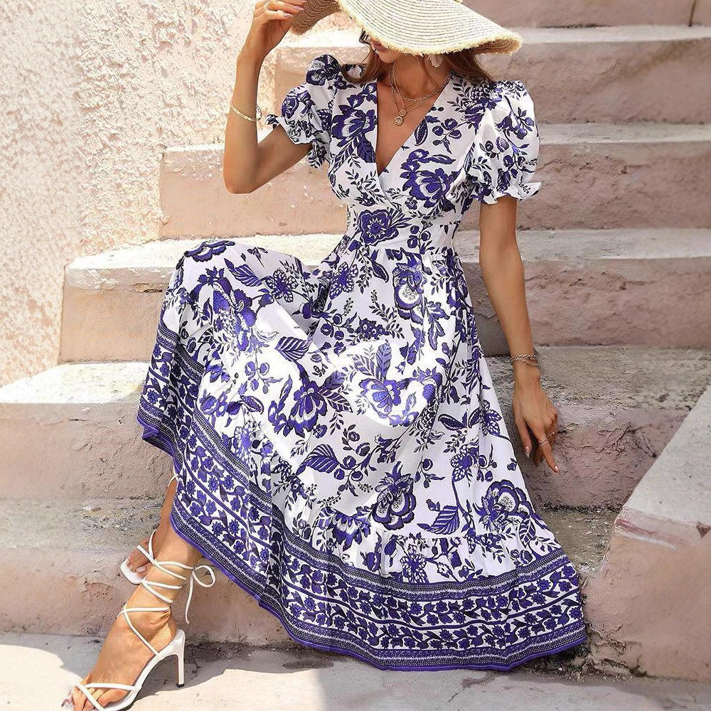 Damen nan boho-inspiriertes Maxikleid mit geraffter Empire-Taille, kurzen Puffärmeln und dekorativem Bordürenprint EB