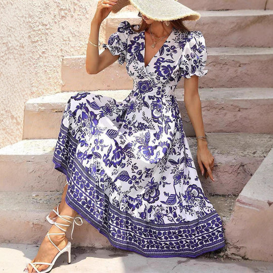 Damen nan boho-inspiriertes Maxikleid mit geraffter Empire-Taille, kurzen Puffärmeln und dekorativem Bordürenprint EB