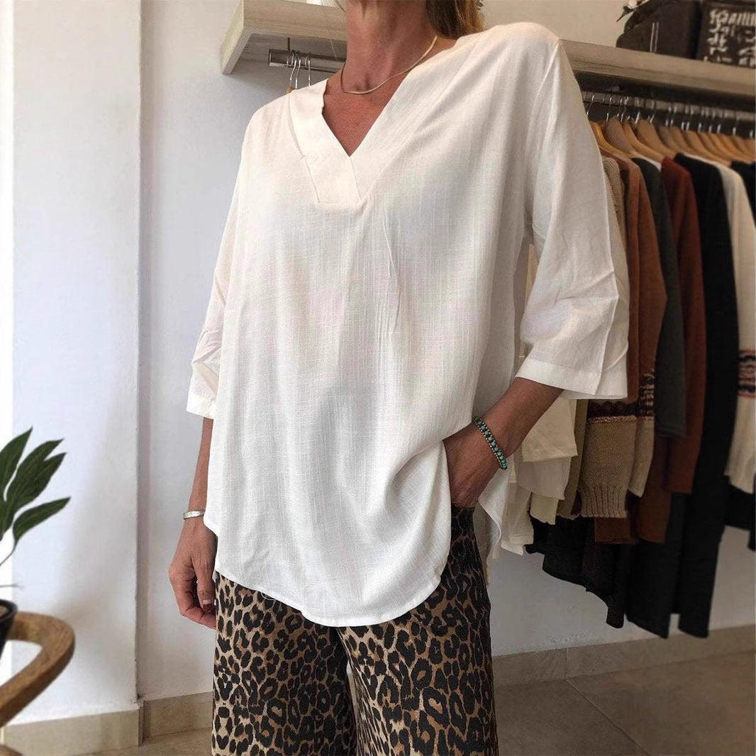 Damen Oversize Tunika mit modernem V-Ausschnitt und lässigen Ärmeln EB