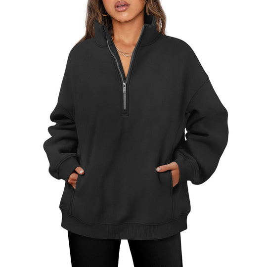 Damen nan oversized Halbzip-Pullover mit Stehkragen, Kängurutasche und Rippbündchen EB