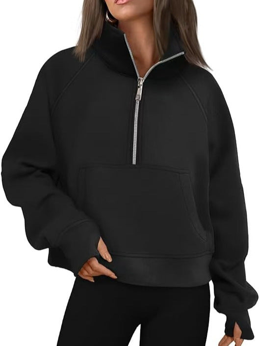 Damen nan oversized Halbzip Pullover mit Kängurutasche, Daumenlöchern und hohem Kragen EB