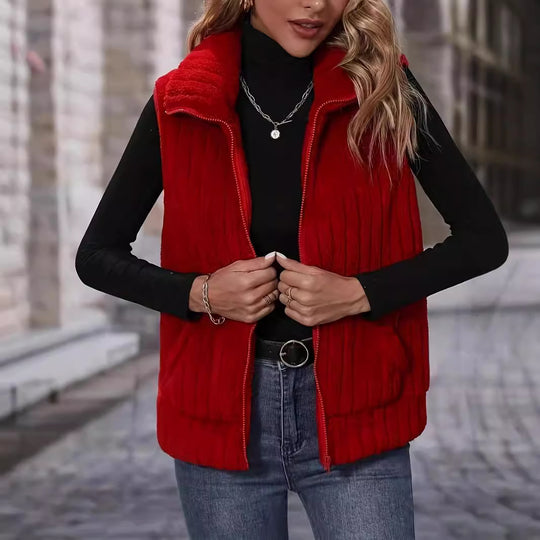 Damen Flauschige Weste mit Karomuster und Taschen EB