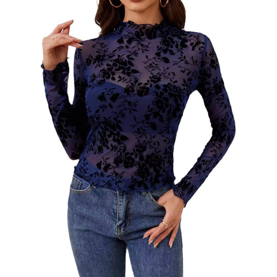 Damen nan transparentes Netzoberteil mit samtigem Floraldruck und Stehkragen EB