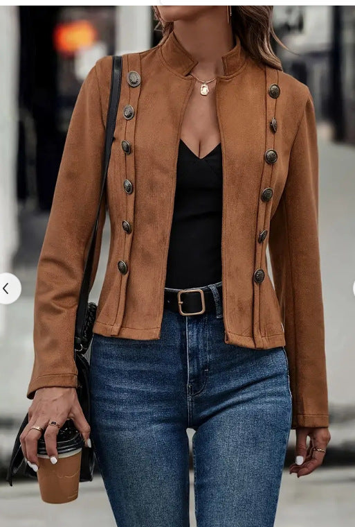 Damen modische Suedejacke mit steigendem Kragen und Knöpfen EB