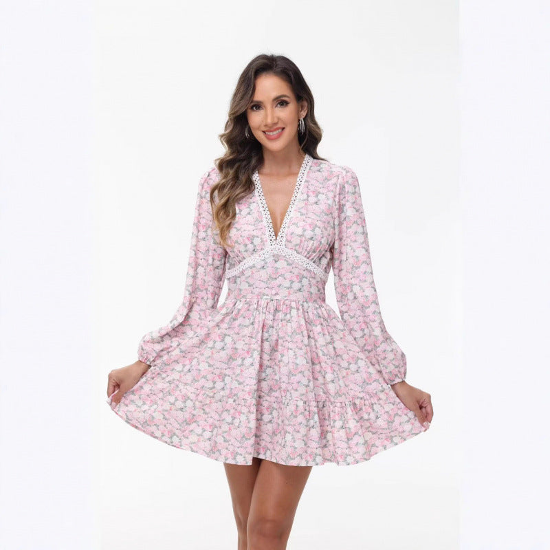 Damen Boho-florales Minikleid mit V-Ausschnitt und Puffärmeln EB