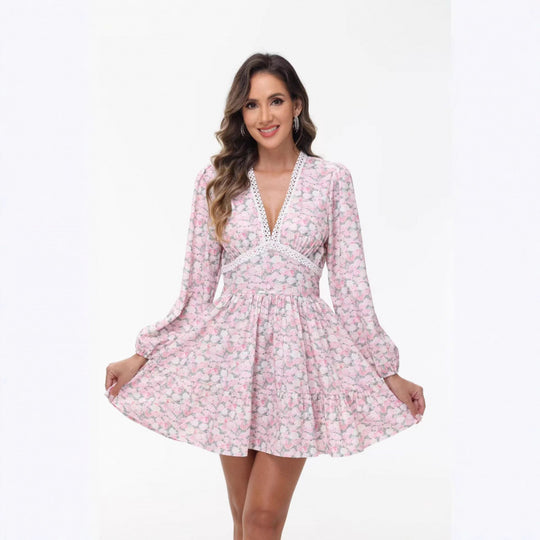Damen Boho-florales Minikleid mit V-Ausschnitt und Puffärmeln EB