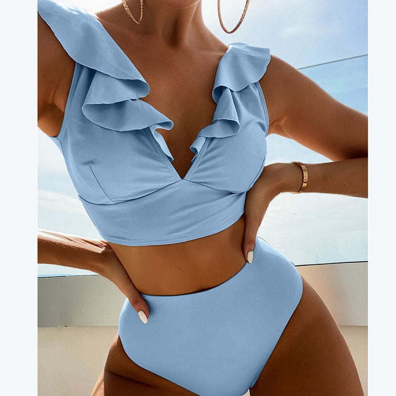 Damen Bikini mit elegantem Rüschendesign und hoch geschnittenem Höschen EB