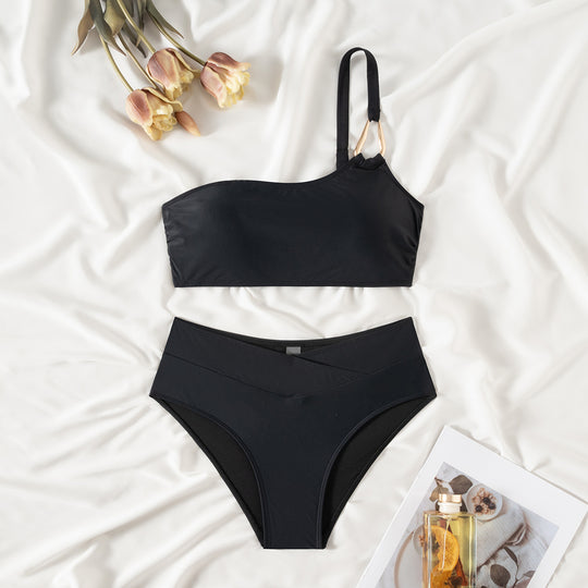 Damen Hochtailliertes Bikini-Set mit asymmetrischem Oberteil EB