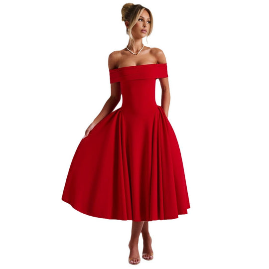 Damen Elegantes Abendkleid mit Schulterfreiem Design und Voluminösem Rock EB