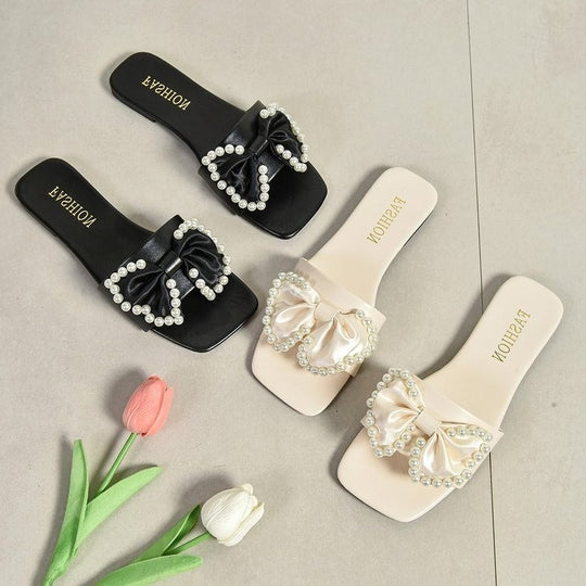 Damen Flauscher Slides mit eleganter Schleifen- und Perlenverzierung EB