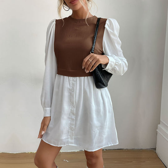 Damen modisches Hemdkleid mit eleganten Puffärmeln und knöpfbarem Vorderteil EB