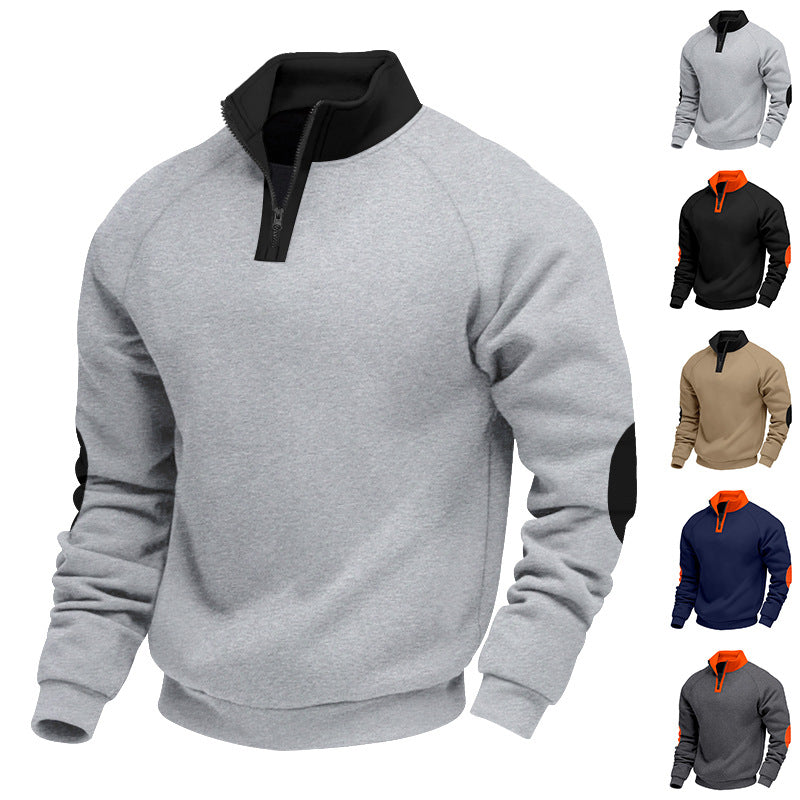 Herren modischer Sweatpullover mit halbem Reißverschluss und kontrastierenden Ellenbogenpatches EB