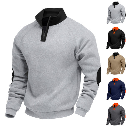 Herren modischer Sweatpullover mit halbem Reißverschluss und kontrastierenden Ellenbogenpatches EB