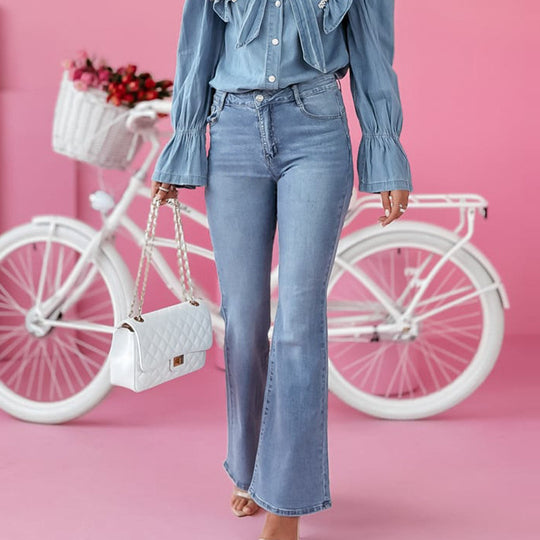 Damen Denim Hemd mit Rüschen und Schleifen-Details EB