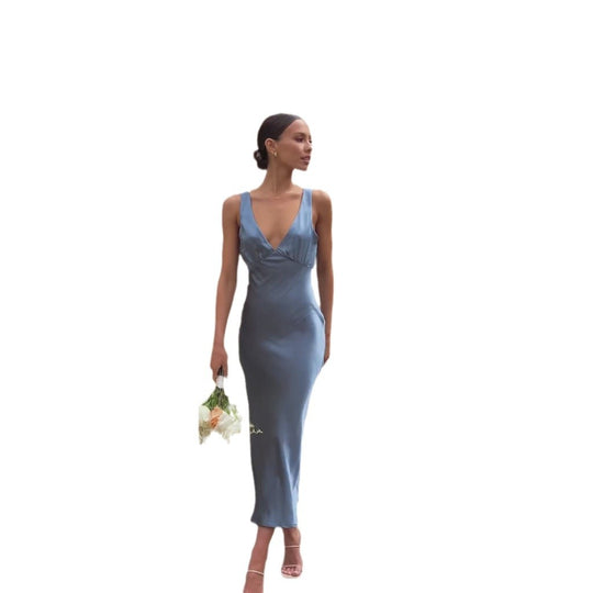 Damen Satin-Maxikleid mit tiefem V-Ausschnitt und eleganten Trägern EB
