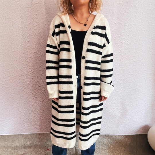 Damen gemütlicher Strickcardigan mit modischem Streifenmuster und Kapuze EB