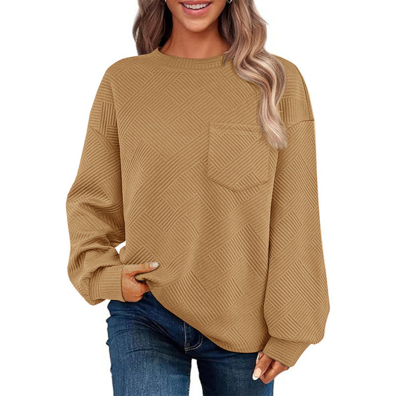 Damen lässiger Pullover mit strukturiertem Muster und praktischer Brusttasche EB