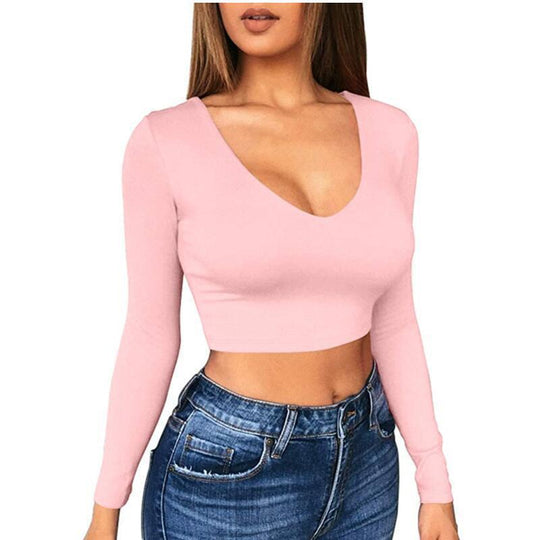 Damen modisches Crop-Top mit tiefem V-Ausschnitt und langen Ärmeln EB