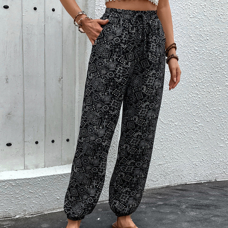 Damen Boho-Haremshose mit elastischem Taillenbund, Kordelzug und Seitentaschen EB