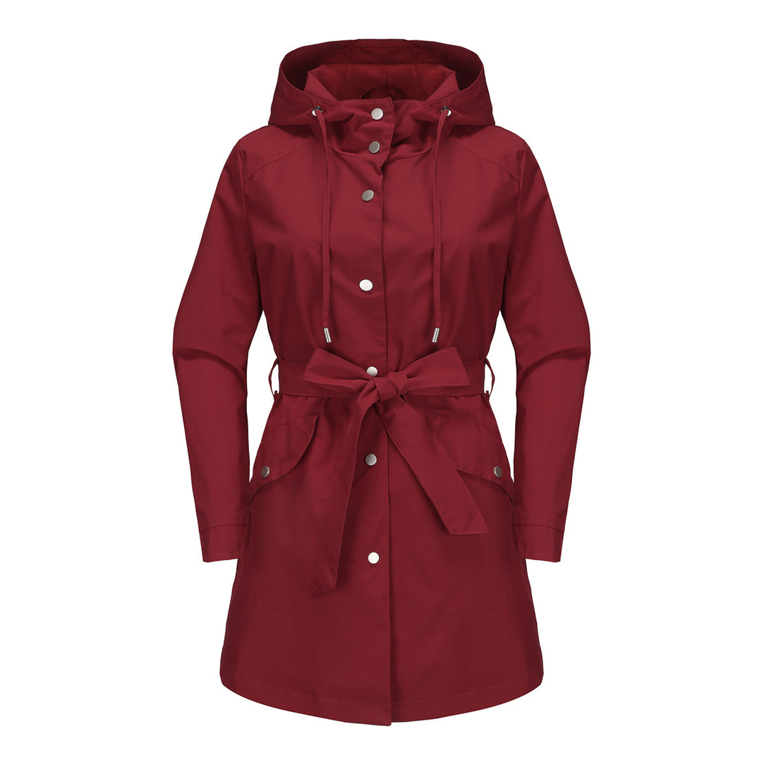 Damen wasserfeste Übergangsjacke mit verstellbarem Kapuzenkragen und Taillengürtel EB