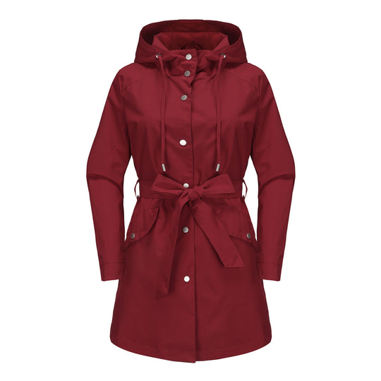 Damen wasserfeste Übergangsjacke mit verstellbarem Kapuzenkragen und Taillengürtel EB