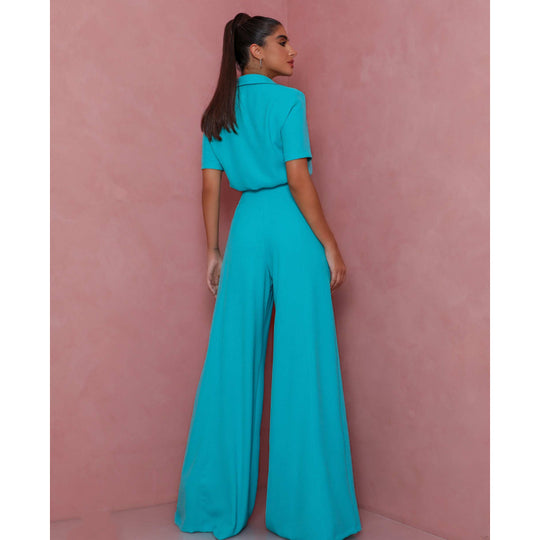 Damen Elegantes Kurzarm-Blusen und Palazzo-Hosen-Ensemble EB