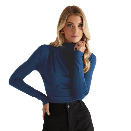 Damen Langarmshirt mit elegantem Wickeldesign und hochgeschlossenem Kragen EB
