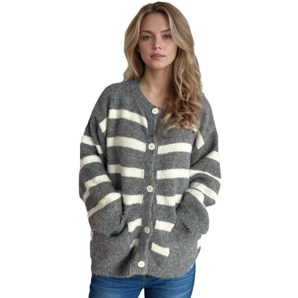 Damen Strickjacke mit dekorativen Knopfdetails und modischem Streifenmuster EB