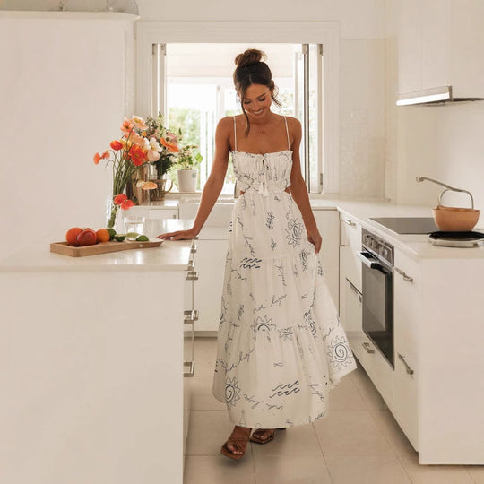Damen Maxikleid mit verspieltem Cut-Out-Design und dekorativem Kordelzug EB