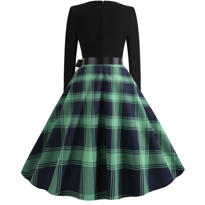 Damen Retro‑Swingkleid mit gezacktem Herzausschnitt, tailliertem Langarmoberteil und karierter Tellerrock EB
