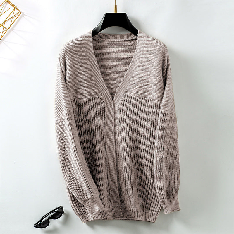 Damen lockere Strickjacke mit V-Ausschnitt und Strukturmuster EB