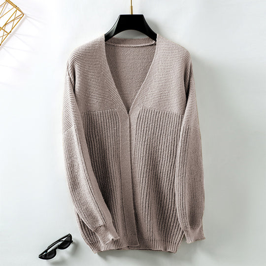 Damen lockere Strickjacke mit V-Ausschnitt und Strukturmuster EB