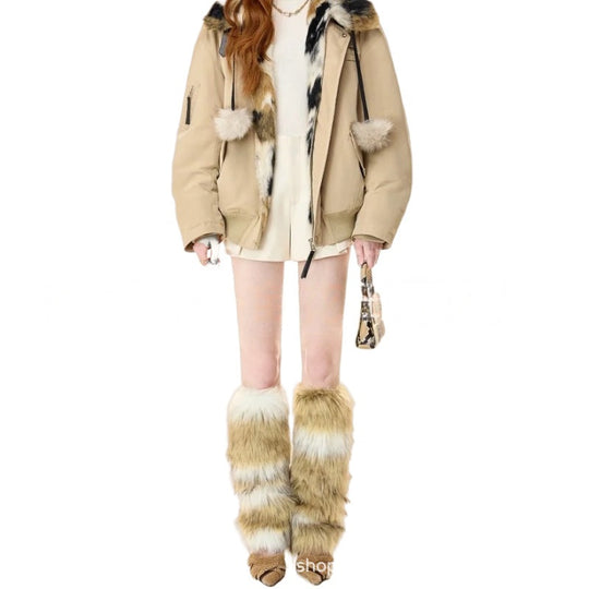 Damen modische Winterjacke mit luxuriösem Fellkragen und Kängurutasche EB