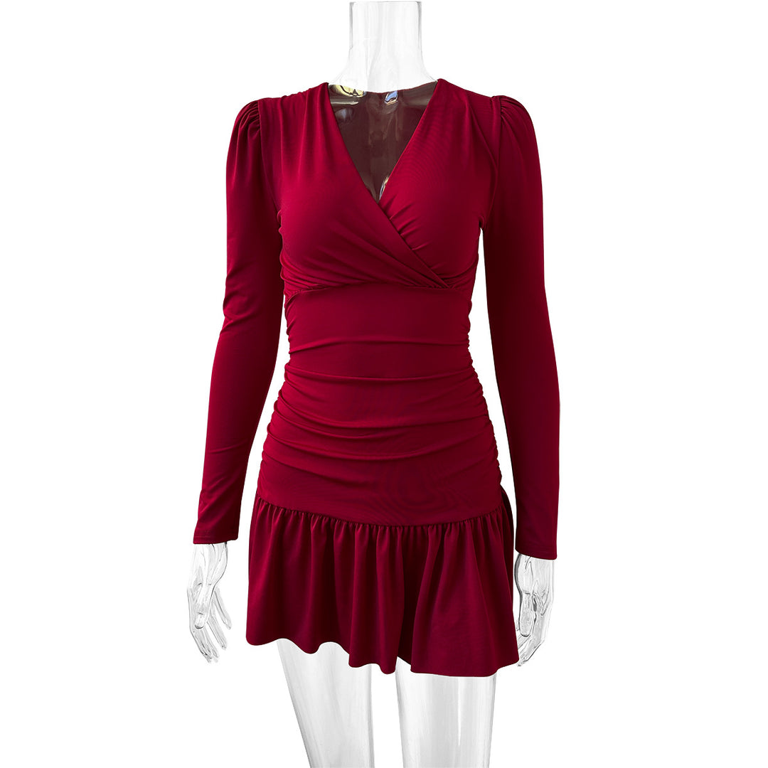 Damen Wickelkleid mit Rüschen und langen Ärmeln EB