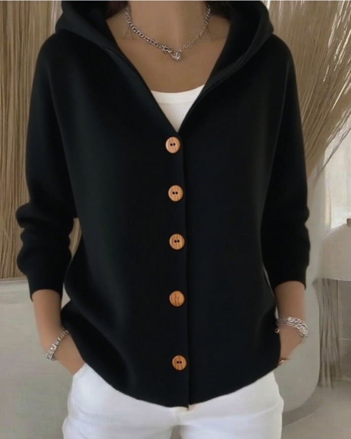 Damen Kapuzenstrickjacke mit Praktischen Knopfdetails und Lässigem Schnitt EB