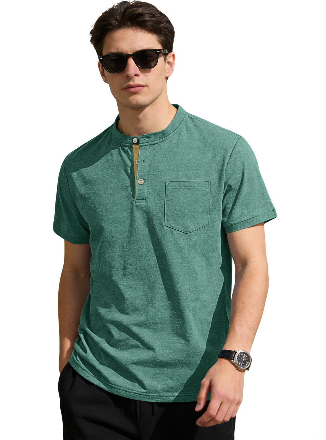 Herren nan strukturiertes Baumwoll-Henleyshirt mit kurzem Stehkragen Knopfleiste und Brusttasche EB