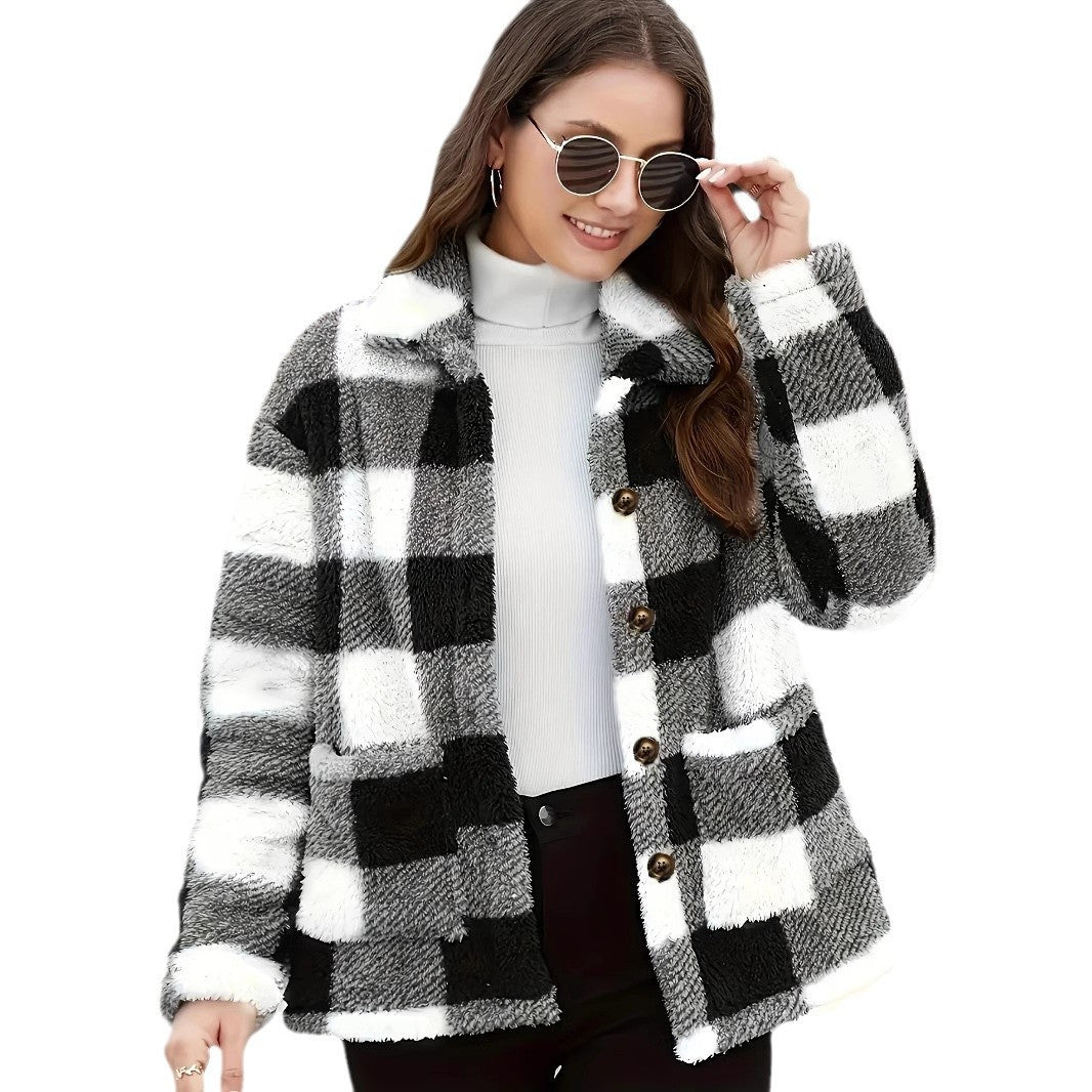 Damen Fleecejacke mit modernes Karomuster und praktischen Taschen EB