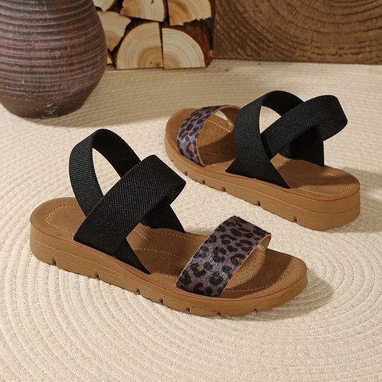 Damen Sandalen mit elastischen Kreuzriemen und Leoprint-Zehenriemen EB