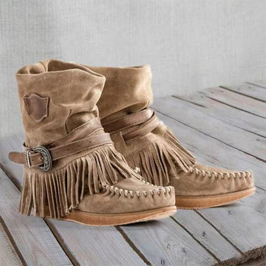 Damen Mokassin-Stiefel mit fransigen Details und modischer Schnalle EB