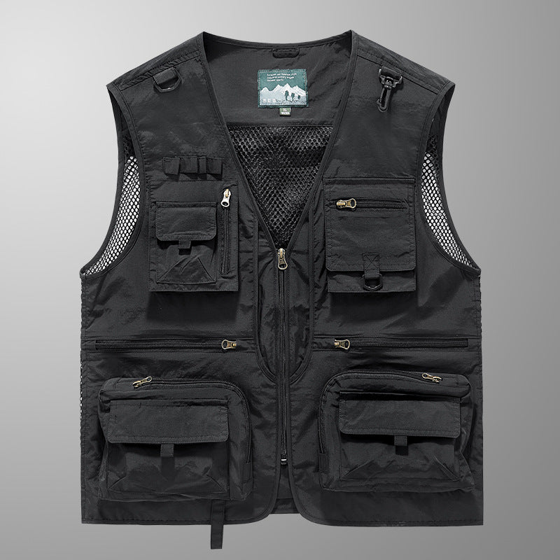 Herren multifunktionale Angler-Utility-Weste mit Mesh-Einsätzen, D‑Ringen und zahlreichen Reißverschluss- und Klappfächern EB