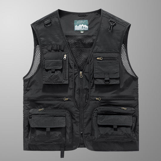 Herren multifunktionale Angler-Utility-Weste mit Mesh-Einsätzen, D‑Ringen und zahlreichen Reißverschluss- und Klappfächern EB