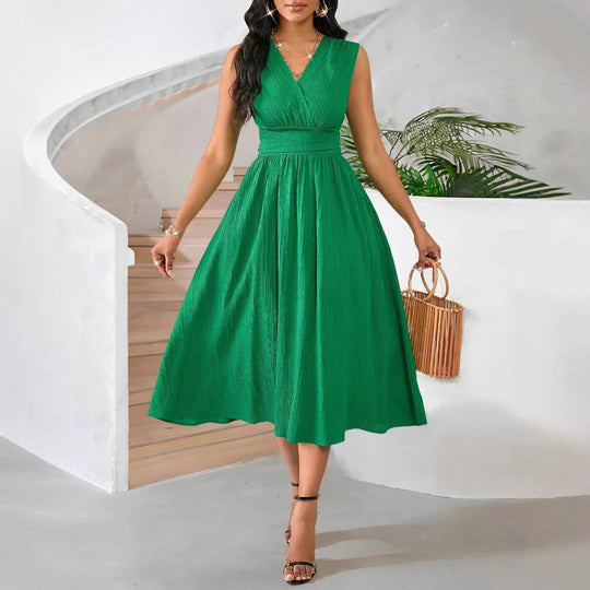 Damen Elegantes Midikleid mit V-Ausschnitt und fließendem Rock EB