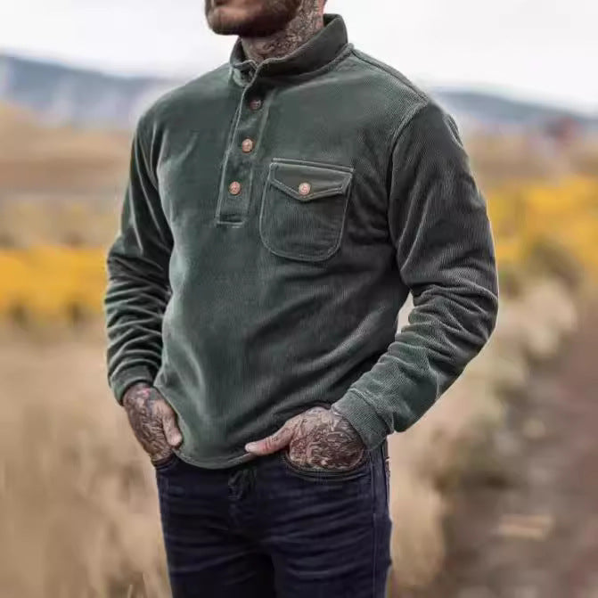 Herren Warmhaltendes Kord-Pullover mit Knopfleiste und Brusttasche EB