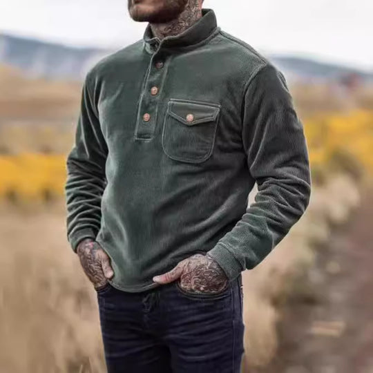 Herren Warmhaltendes Kord-Pullover mit Knopfleiste und Brusttasche EB
