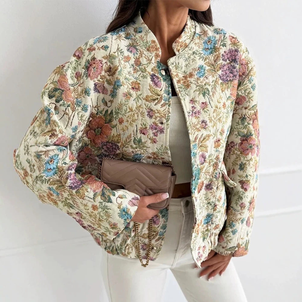 Damen Florale Jacquard-Steppjacke mit Stehkragen und elastischem Saum EB
