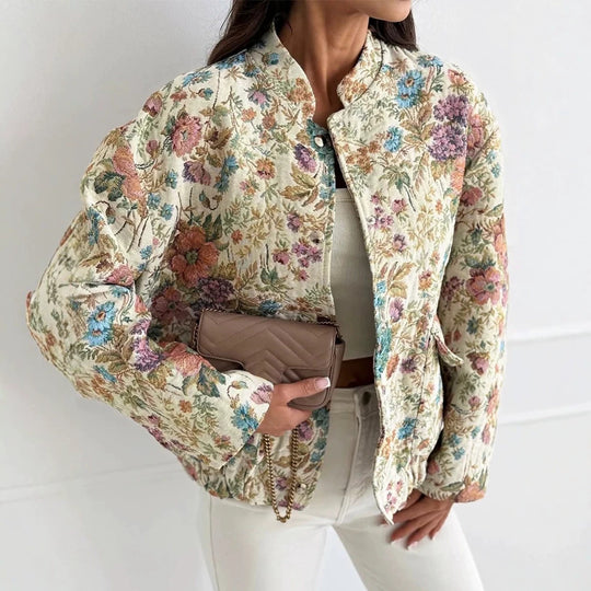 Damen Florale Jacquard-Steppjacke mit Stehkragen und elastischem Saum EB