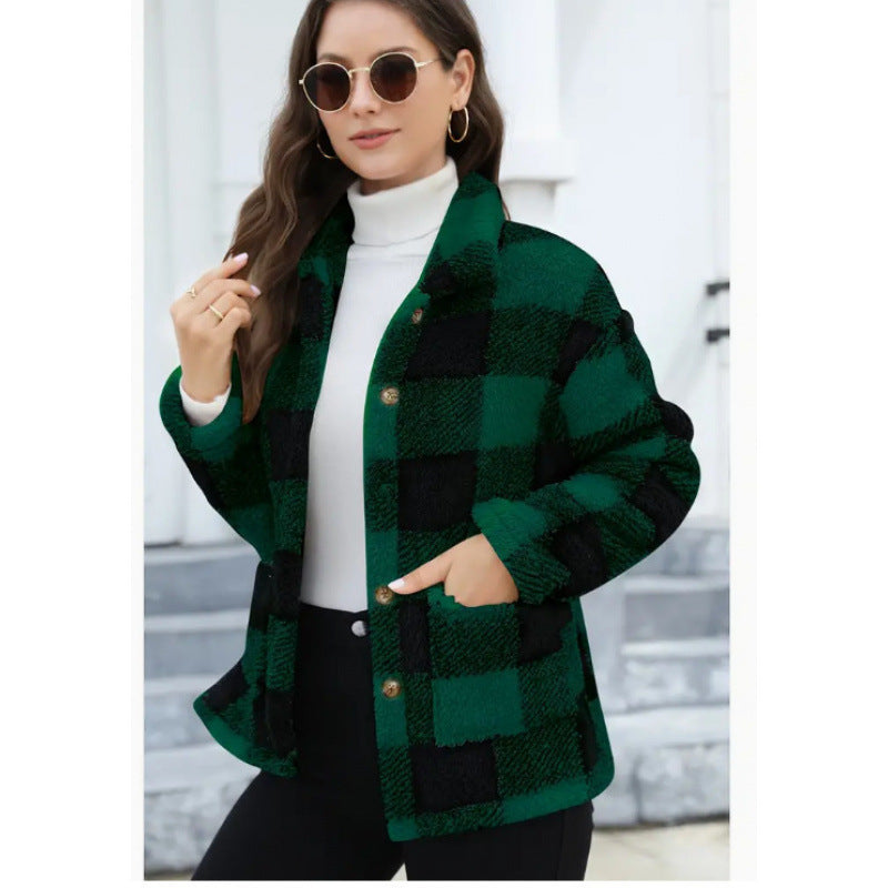Damen kuschelige Plüschjacke mit Karomuster EB