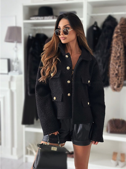 Damen Trendige Bouclé-Jacke mit goldenen Knöpfen und praktischen Taschen EB