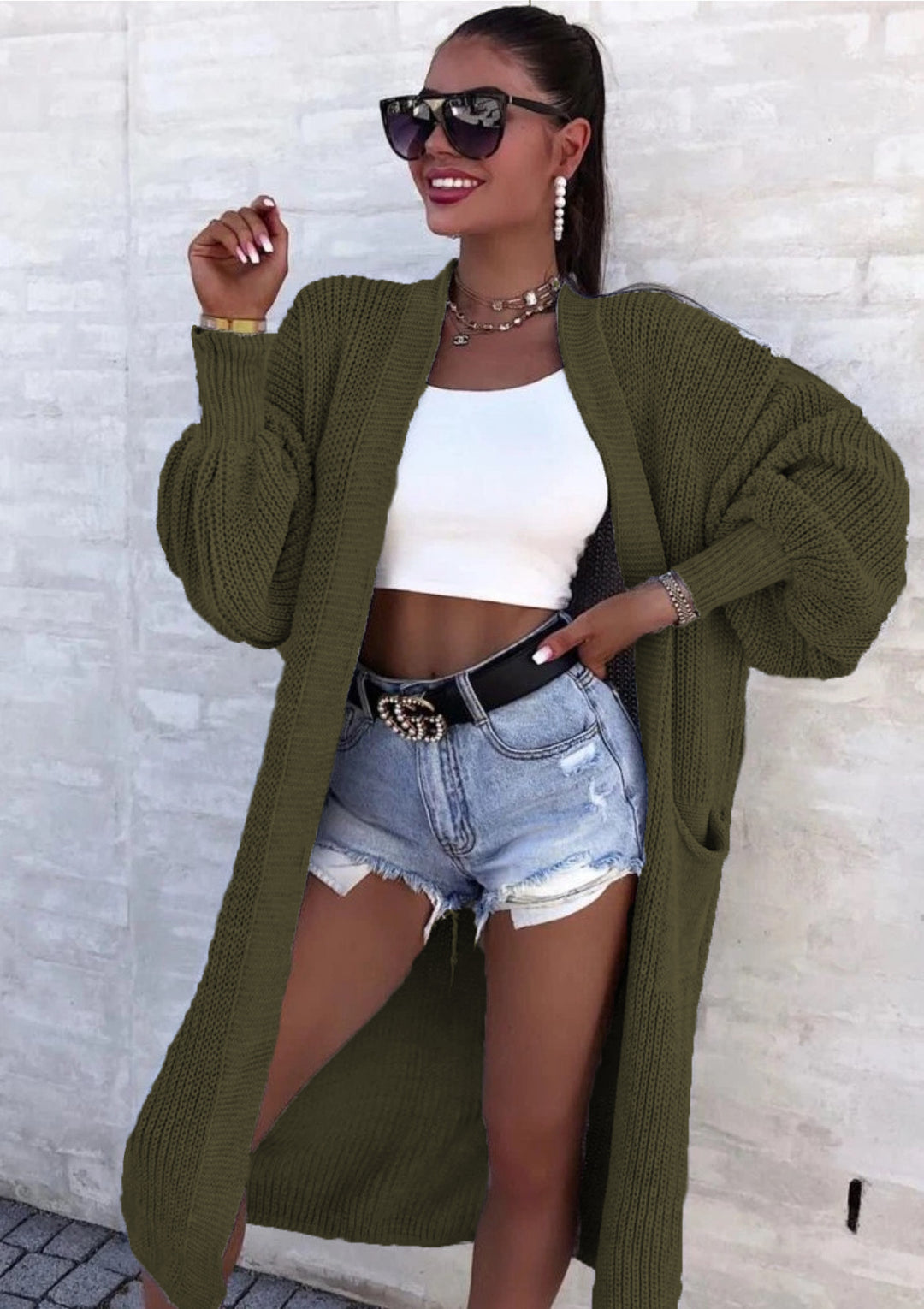 Damen Langer Strickcardigan mit weiten Ärmeln und praktischen Taschen EB