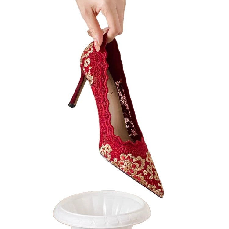 Damen elegante High Heels mit floralem Spitzenbesatz EB